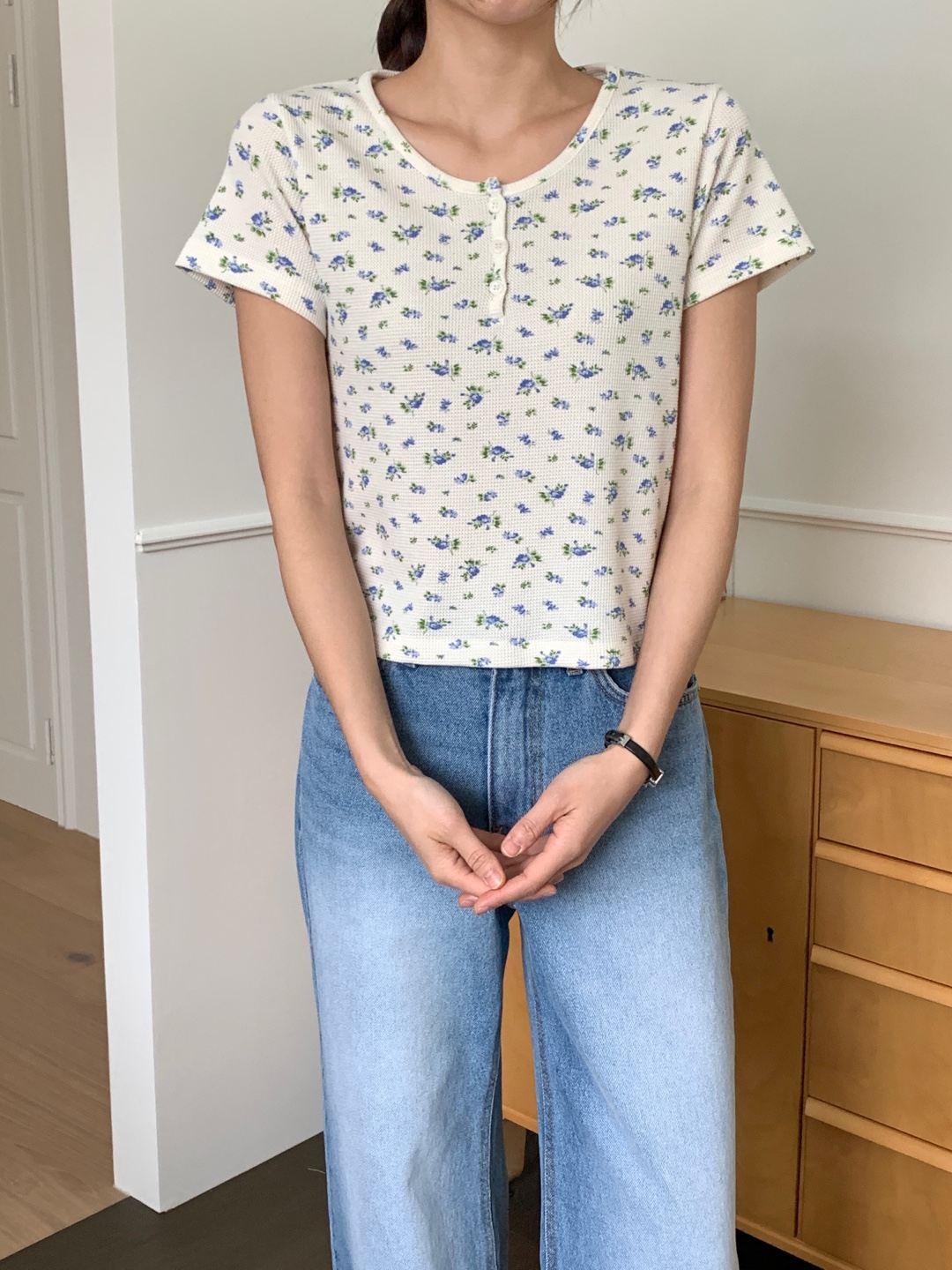 花柄ワッフルヘンリーネック半袖Tシャツ | 詳細画像6