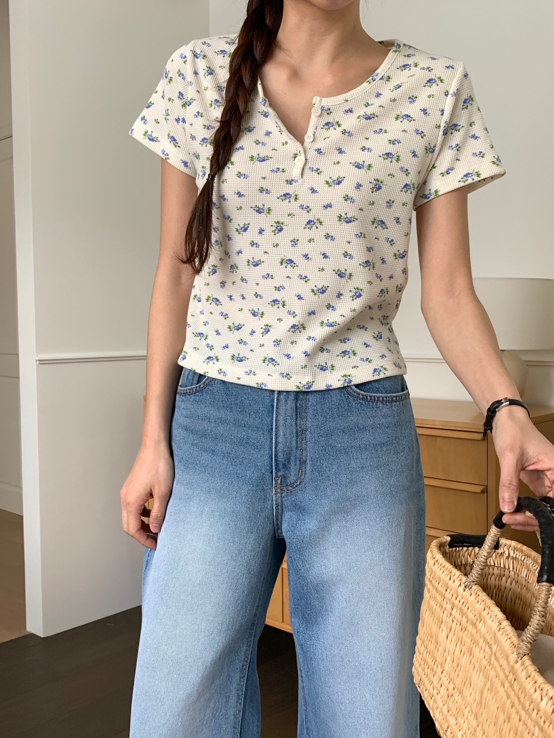花柄ワッフルヘンリーネック半袖Tシャツ | 詳細画像8