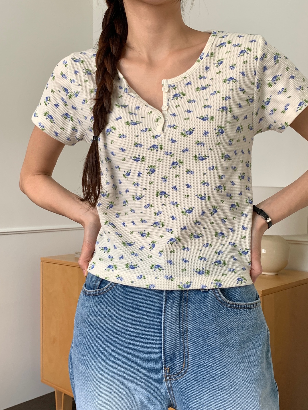 花柄ワッフルヘンリーネック半袖Tシャツ | 詳細画像9