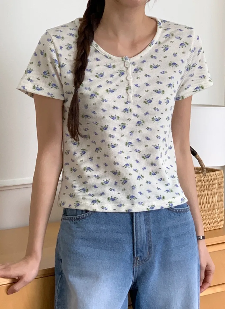 花柄ワッフルヘンリーネック半袖Tシャツ | 詳細画像1