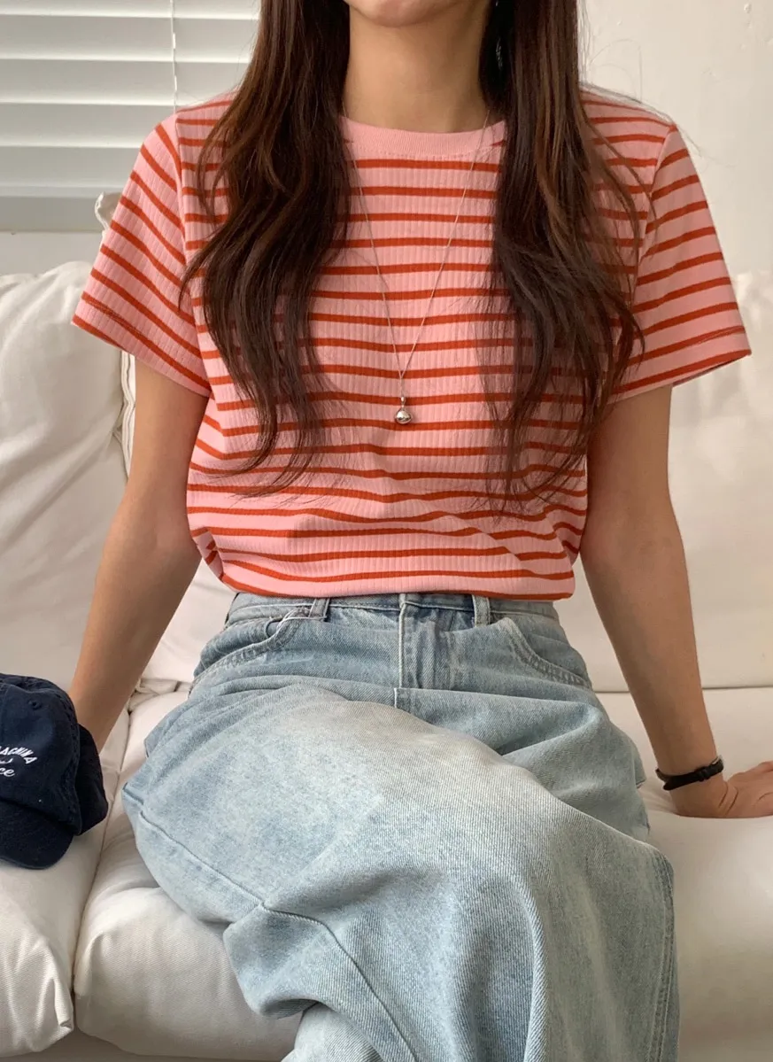 ボーダーラウンドリブ半袖Tシャツ | 詳細画像1