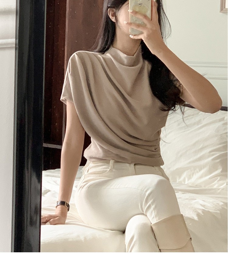 モックネックドレープフレンチスリーブTシャツ | 詳細画像5