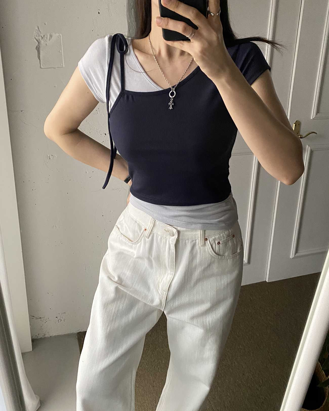 配色リボンアシメレイヤード半袖Tシャツ | 詳細画像3