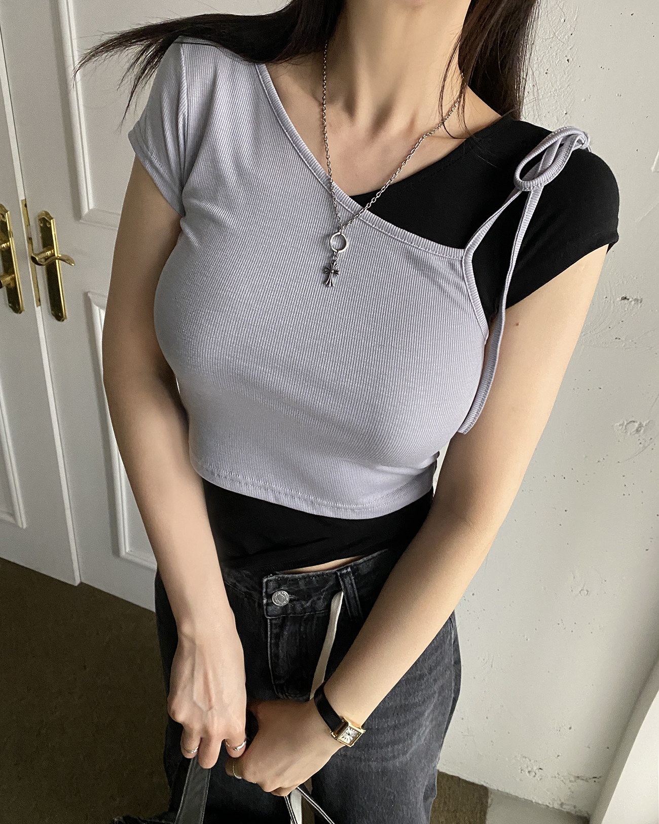 配色リボンアシメレイヤード半袖Tシャツ | 詳細画像6