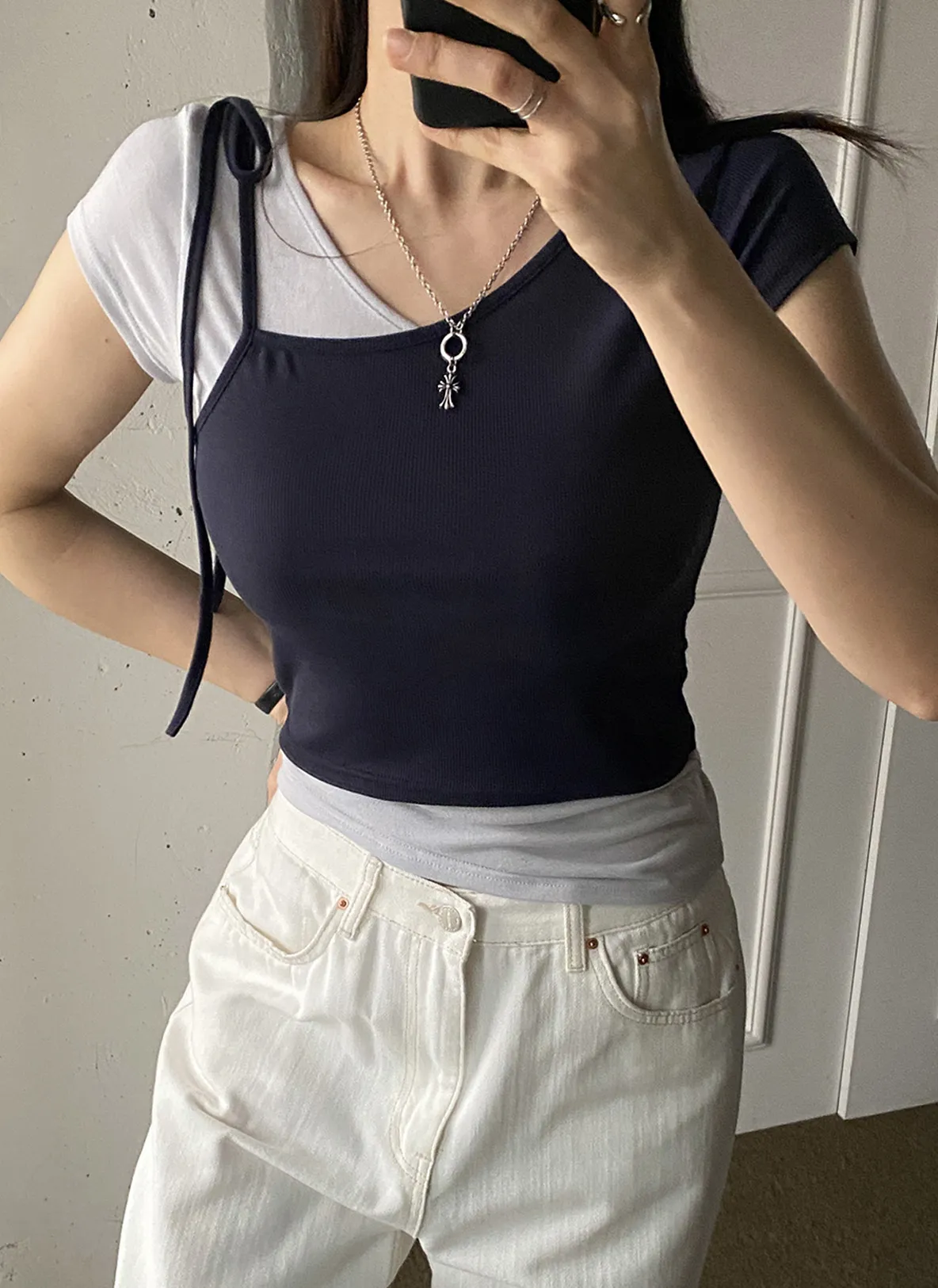 配色リボンアシメレイヤード半袖Tシャツ | 詳細画像1