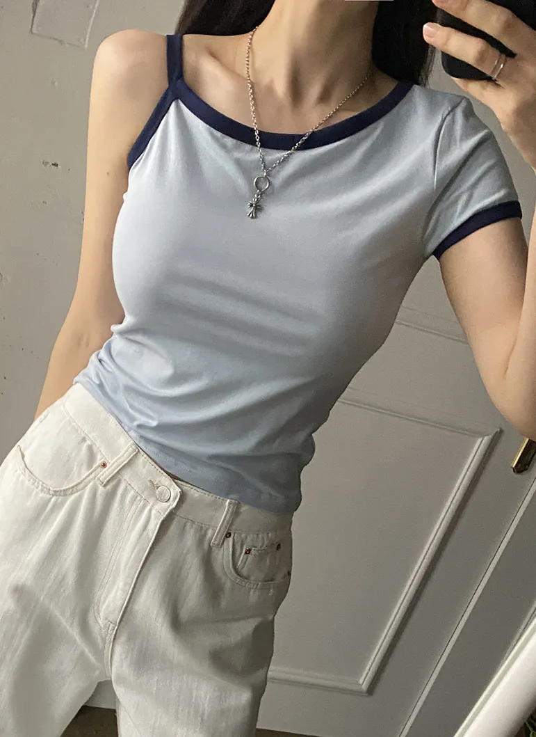 ワンショルダー配色半袖Tシャツ | 詳細画像1