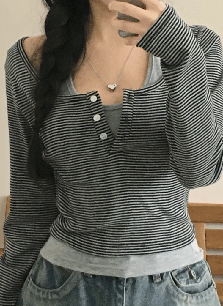ハーフボタンクロップドボーダーTシャツ | creamsugar | 詳細画像1