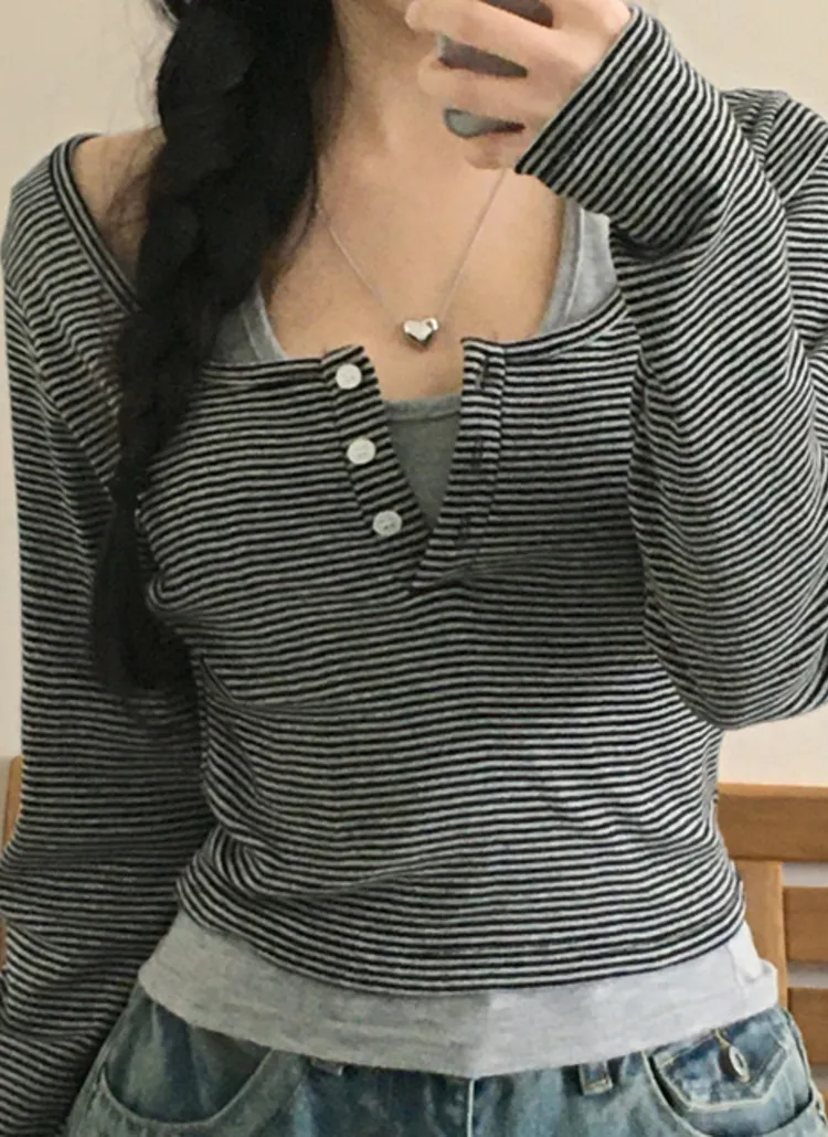 ハーフボタンクロップドボーダーTシャツ | creamsugar | 詳細画像1