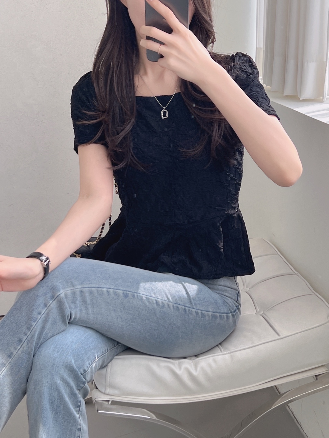 スクエアエンボスペプラムパフ半袖Tシャツ | 詳細画像9