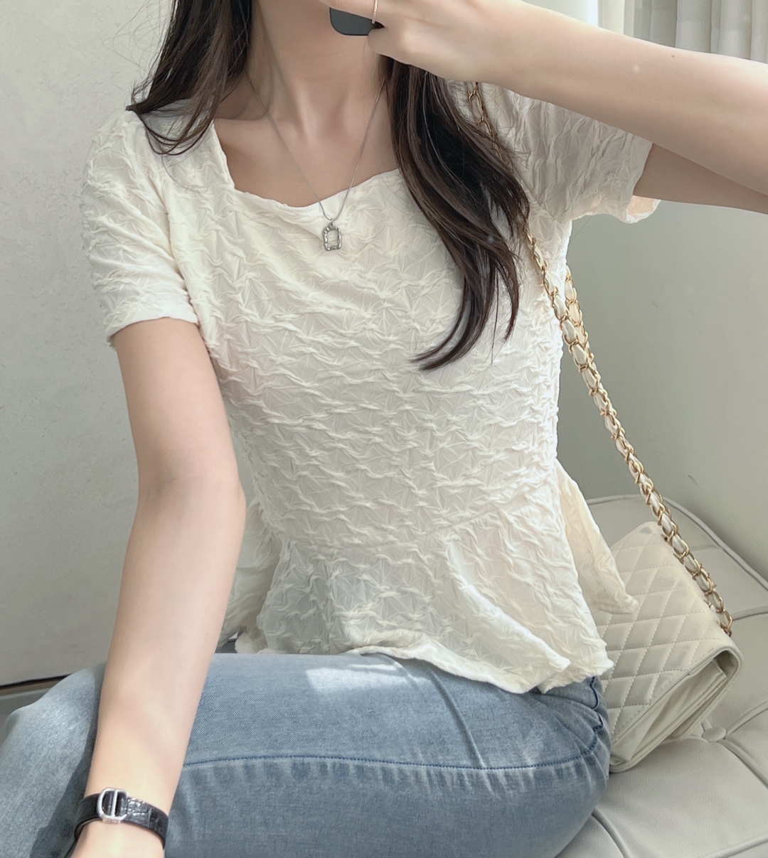 スクエアエンボスペプラムパフ半袖Tシャツ | 詳細画像10