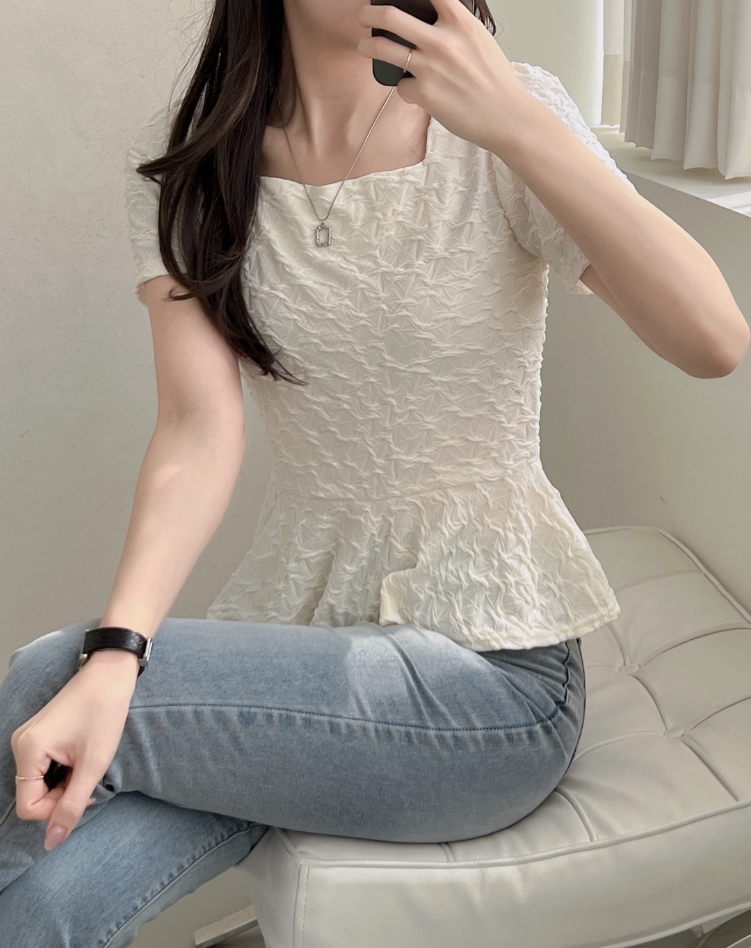 スクエアエンボスペプラムパフ半袖Tシャツ | 詳細画像17