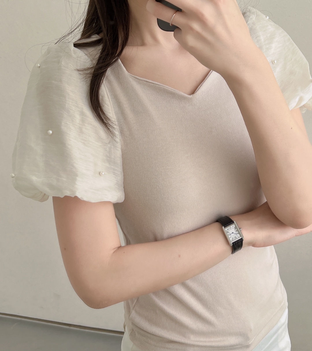 エコパールシフォンパフハートネックリブTシャツ | 詳細画像2