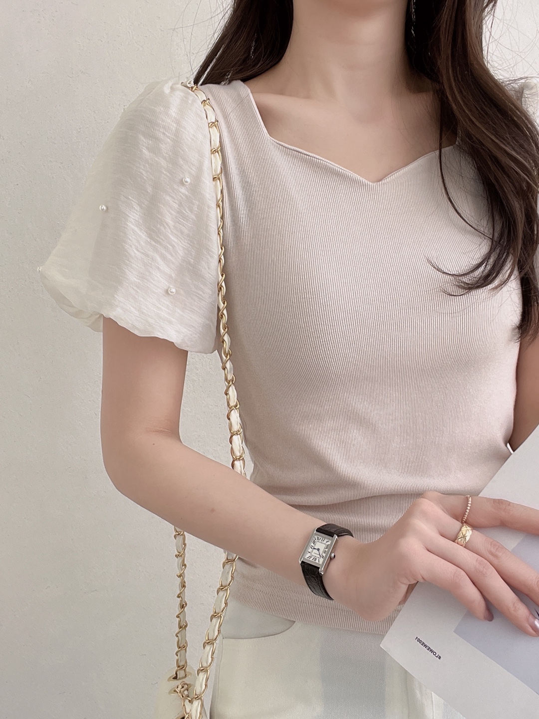 エコパールシフォンパフハートネックリブTシャツ | 詳細画像3