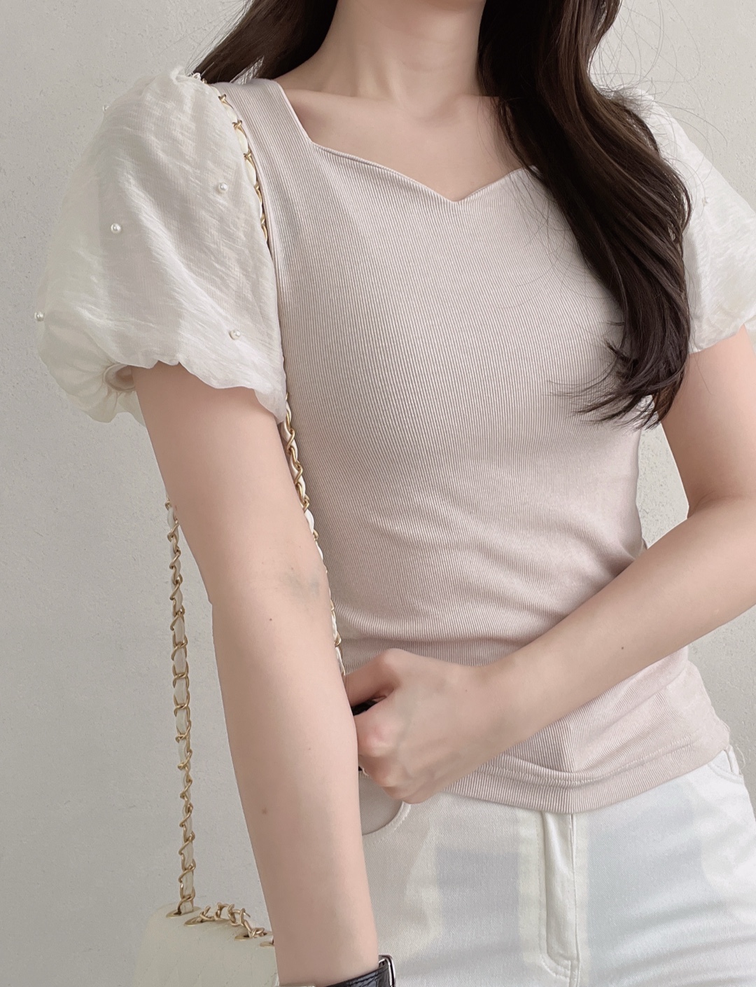 エコパールシフォンパフハートネックリブTシャツ | 詳細画像6