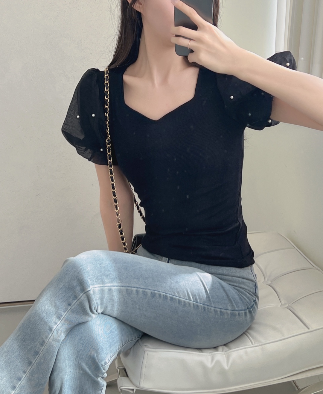 エコパールシフォンパフハートネックリブTシャツ | 詳細画像14