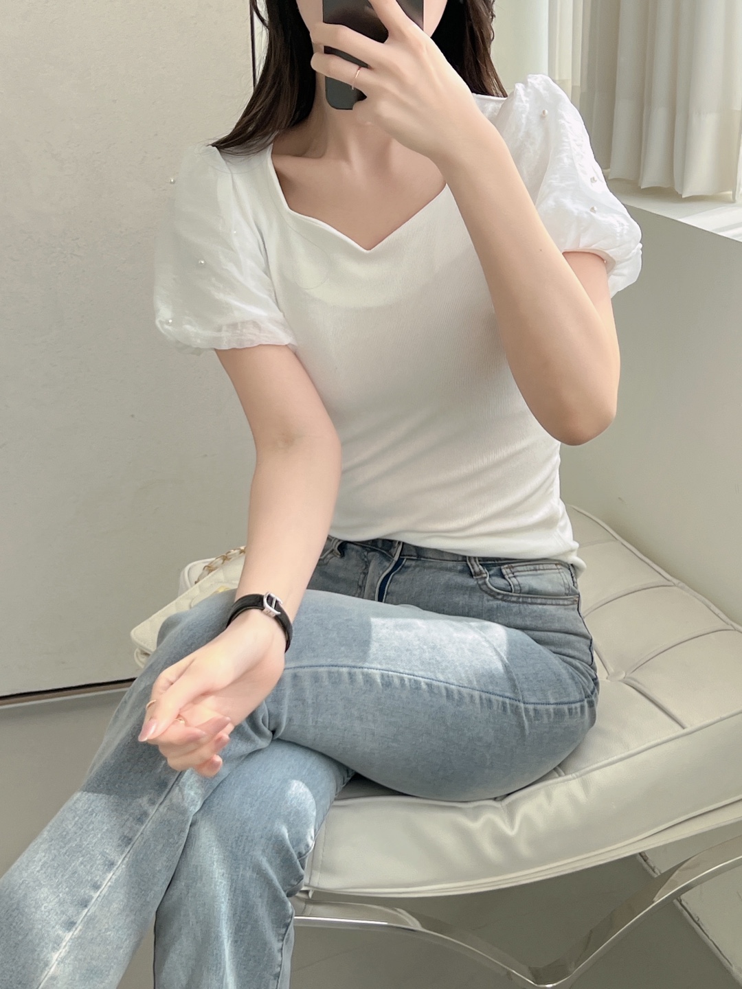 エコパールシフォンパフハートネックリブTシャツ | 詳細画像16