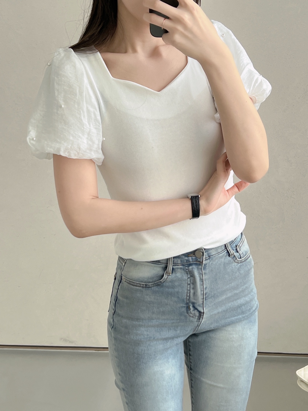 エコパールシフォンパフハートネックリブTシャツ | 詳細画像17