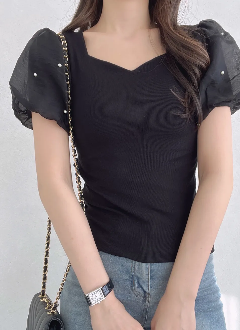 エコパールシフォンパフハートネックリブTシャツ | 詳細画像1
