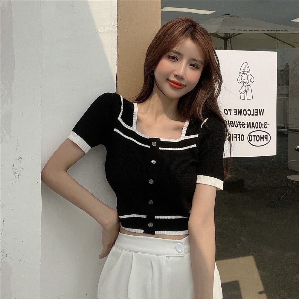 配色スクエアクロップドボタン半袖ニット | 詳細画像11