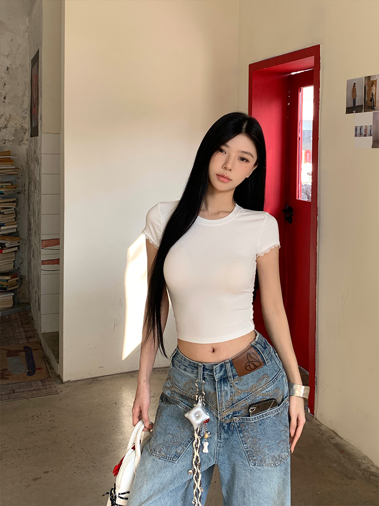 レース半袖クロップドスリムTシャツ | 詳細画像6