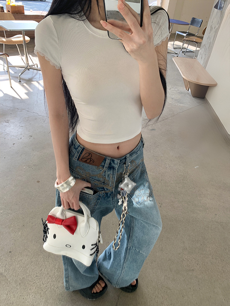 レース半袖クロップドスリムTシャツ | 詳細画像8