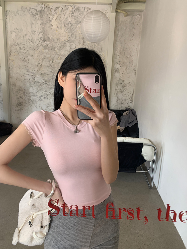 レース半袖クロップドスリムTシャツ | 詳細画像10