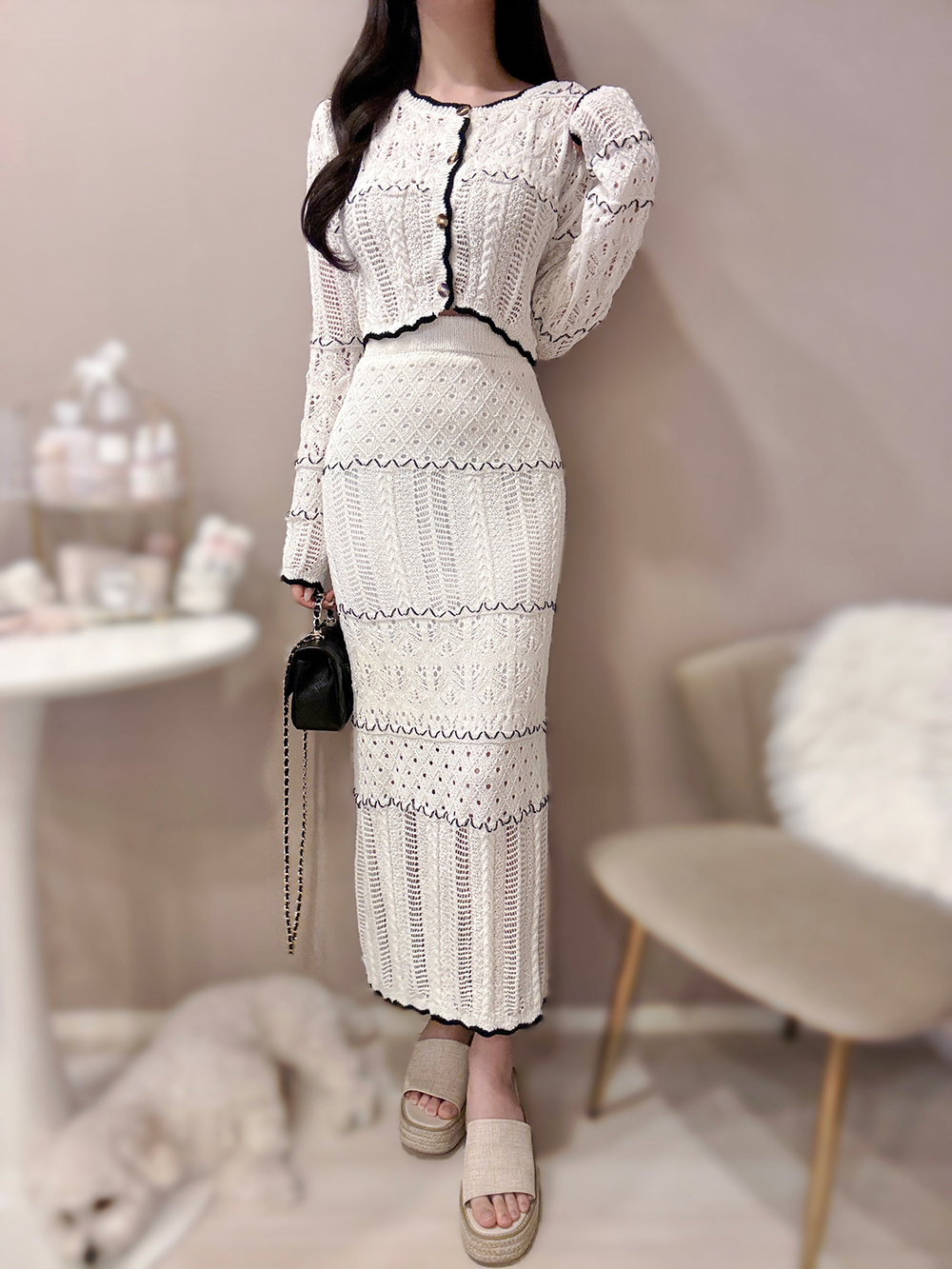 配色スカラップパンチングカーディガン&スカートSET | 詳細画像3