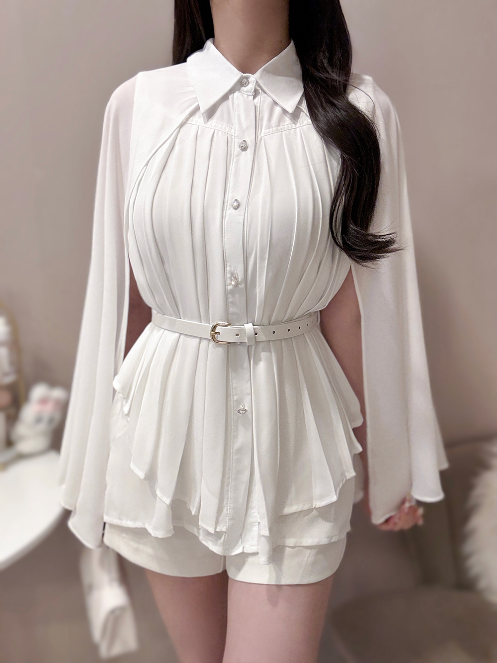 ベルト付2WAYケープカラーノースリーブブラウス | 詳細画像5