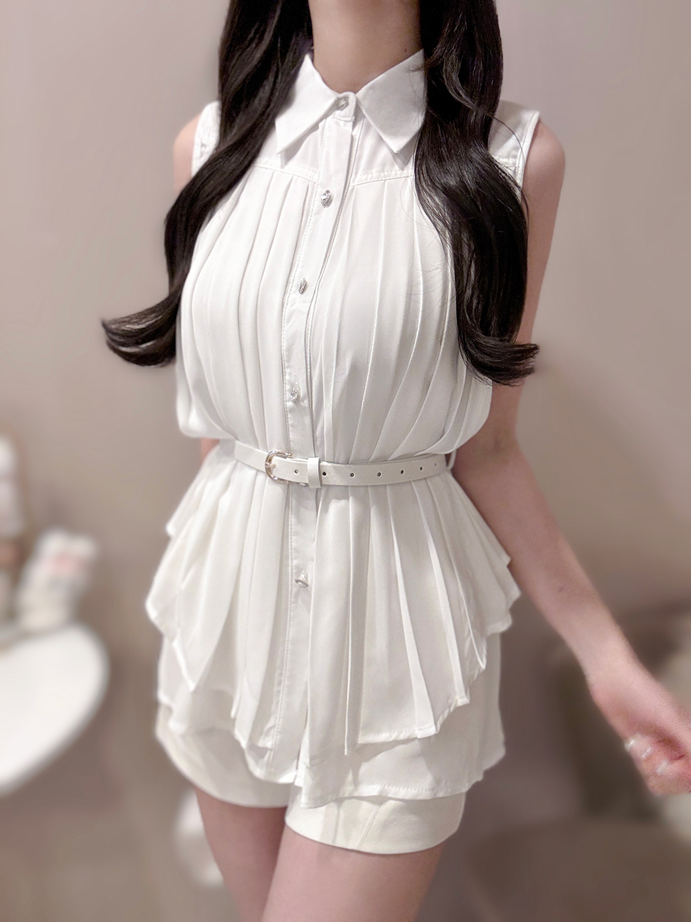 ベルト付2WAYケープカラーノースリーブブラウス | 詳細画像7