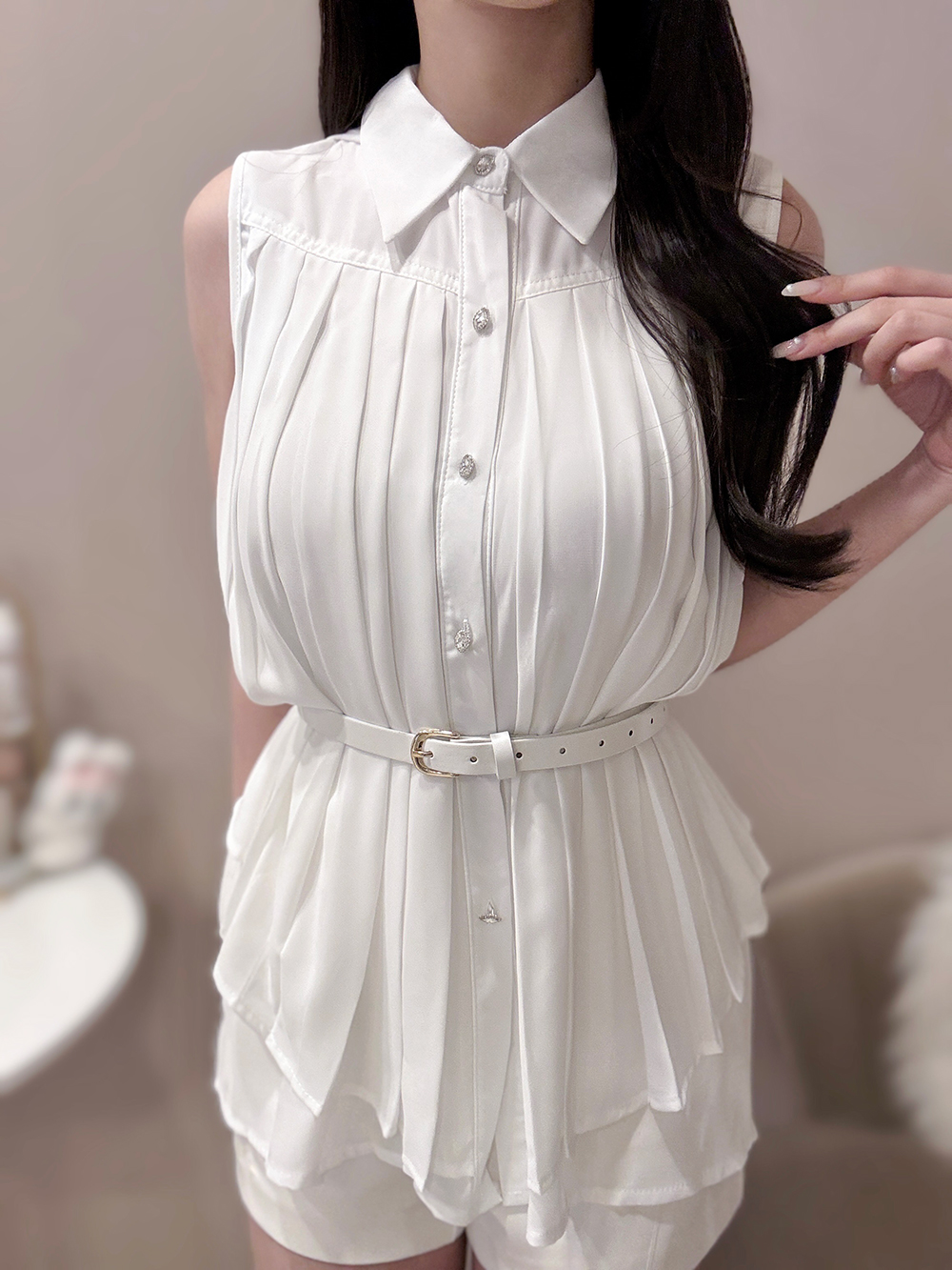 ベルト付2WAYケープカラーノースリーブブラウス | 詳細画像10