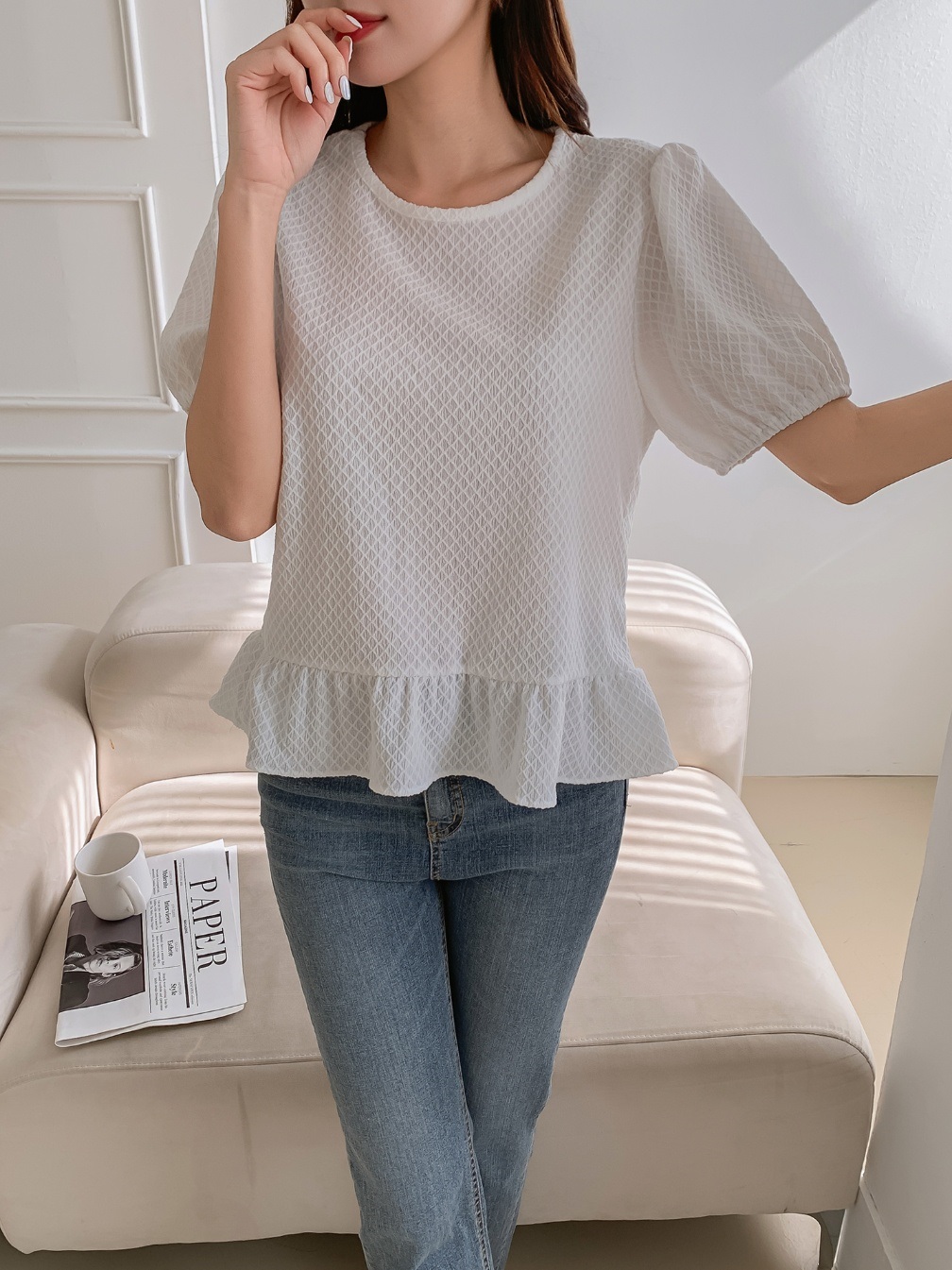 ワッフルパフ半袖ペプラムブラウス | 詳細画像2