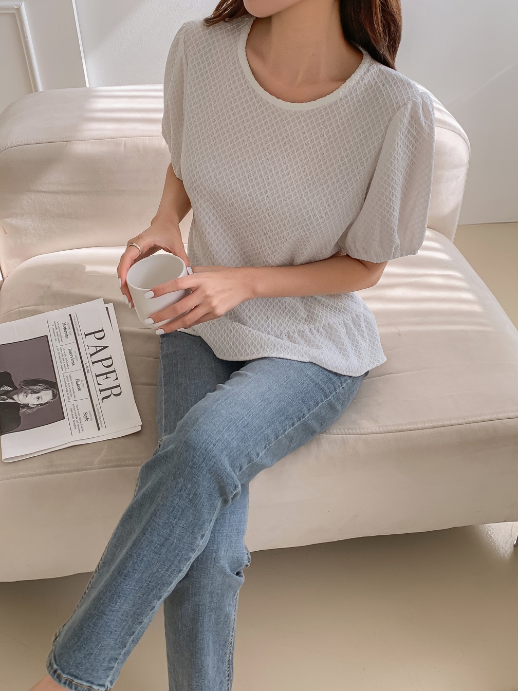 ワッフルパフ半袖ペプラムブラウス | 詳細画像4