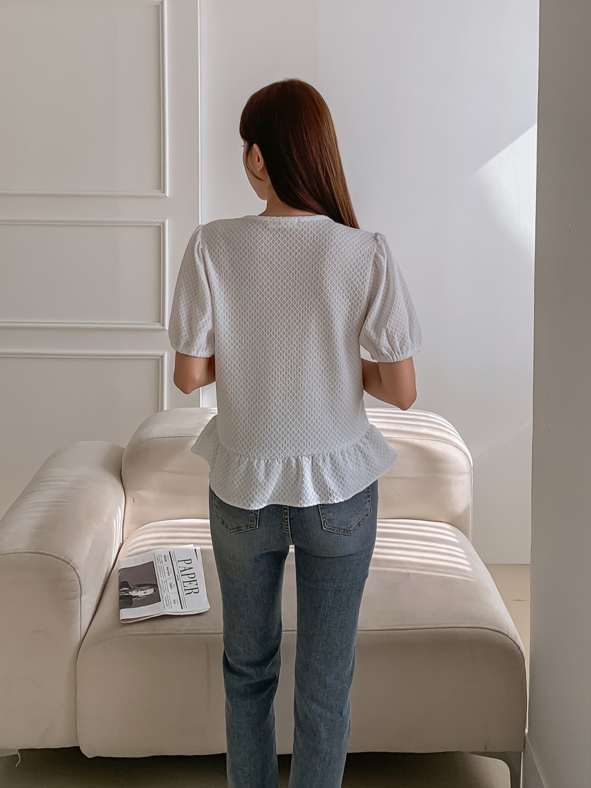 ワッフルパフ半袖ペプラムブラウス | 詳細画像9