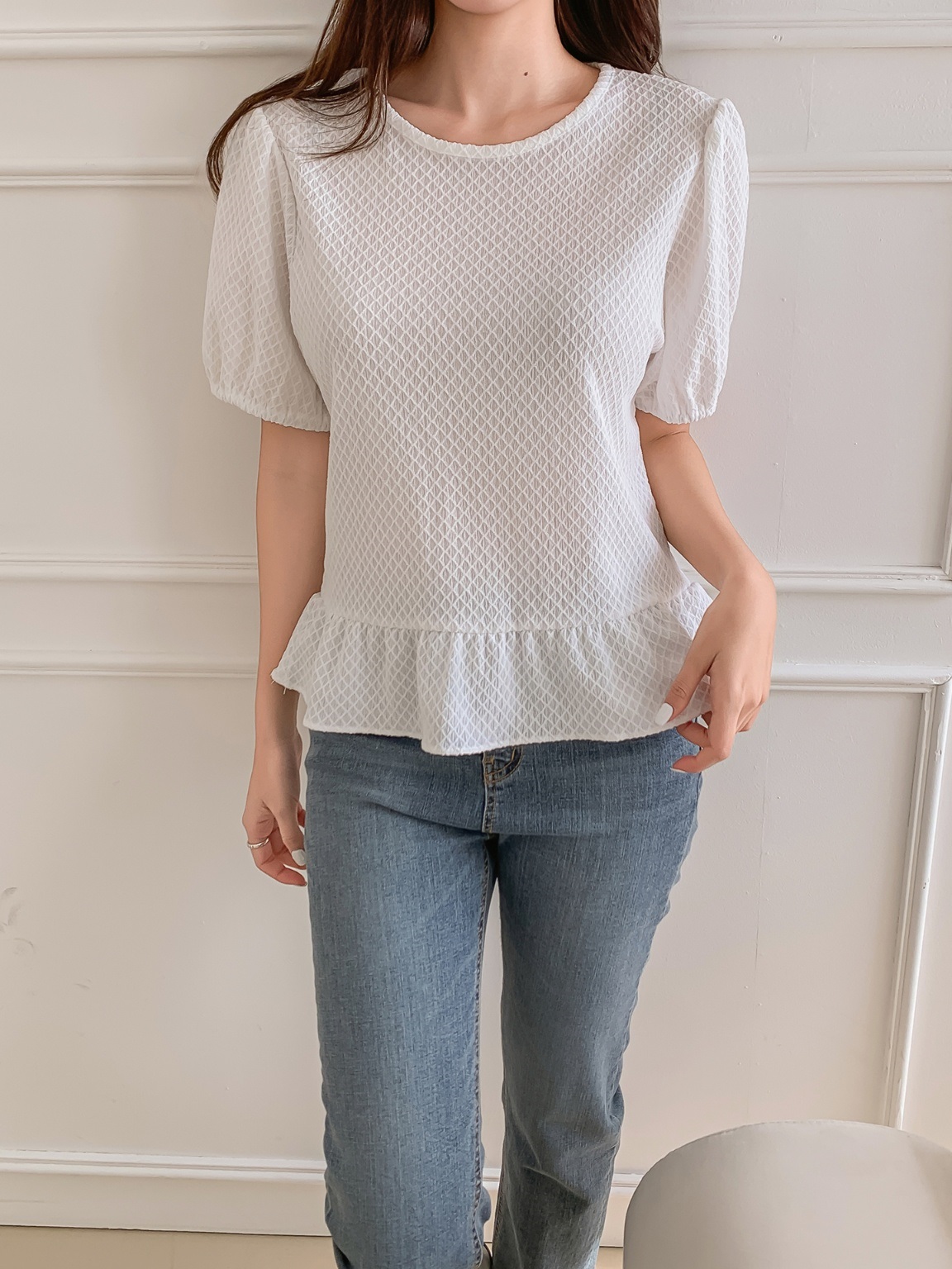 ワッフルパフ半袖ペプラムブラウス | 詳細画像10