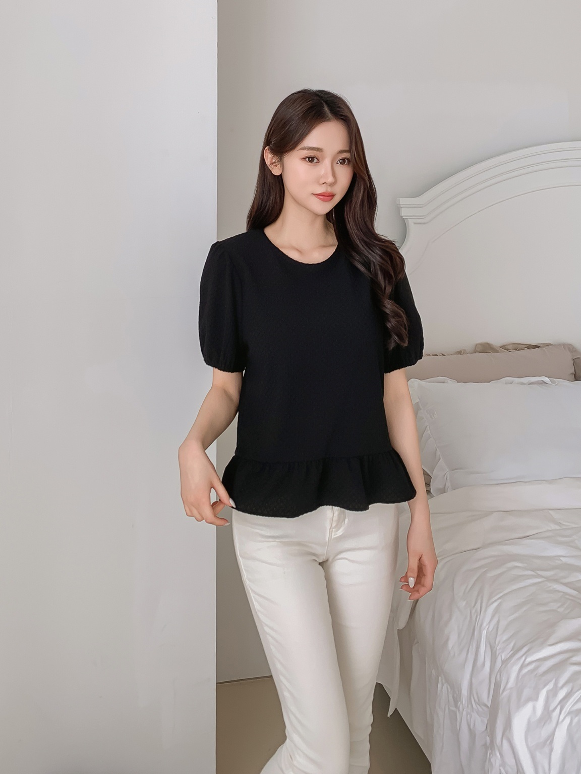 ワッフルパフ半袖ペプラムブラウス | 詳細画像11