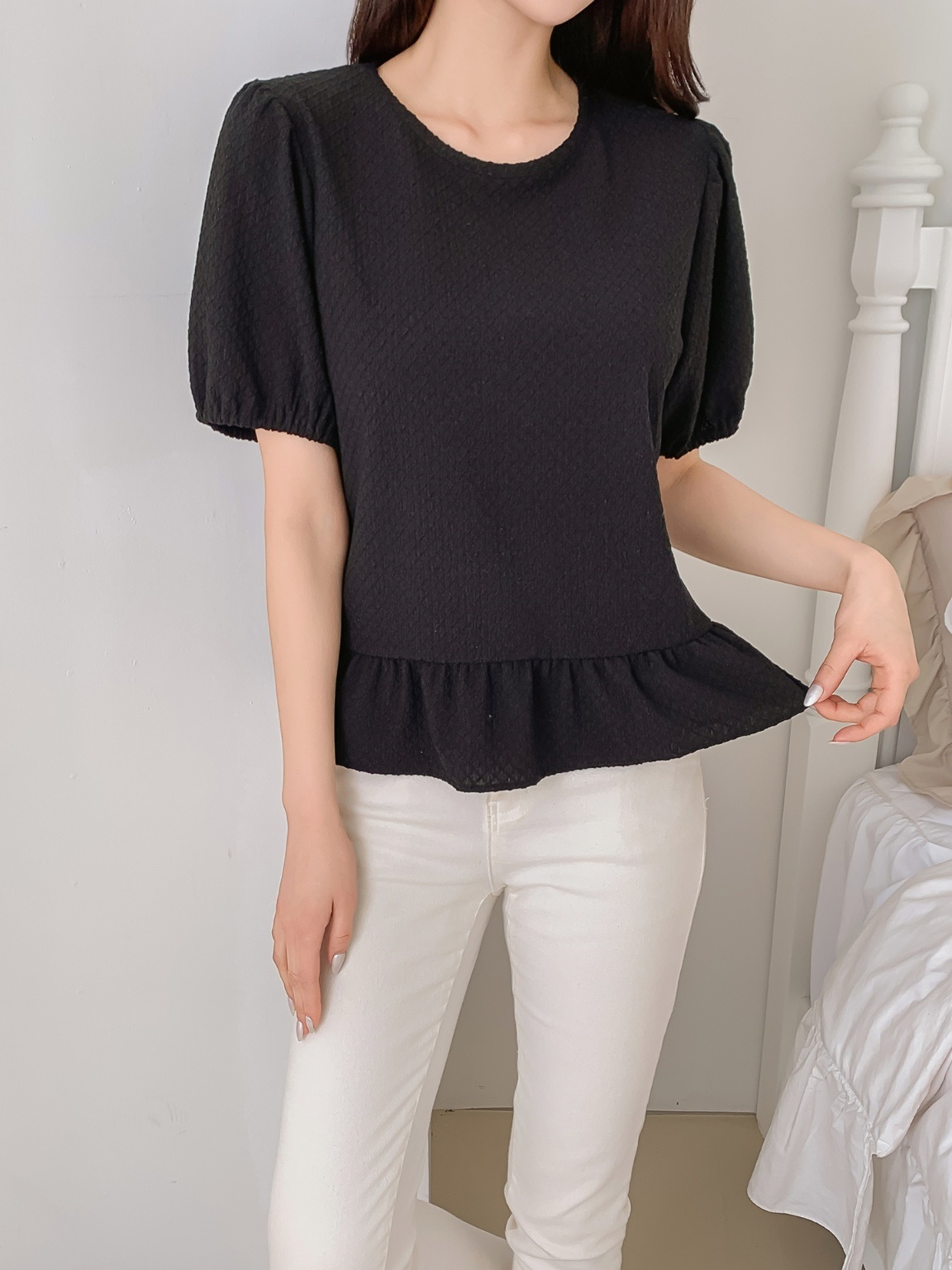 ワッフルパフ半袖ペプラムブラウス | 詳細画像12