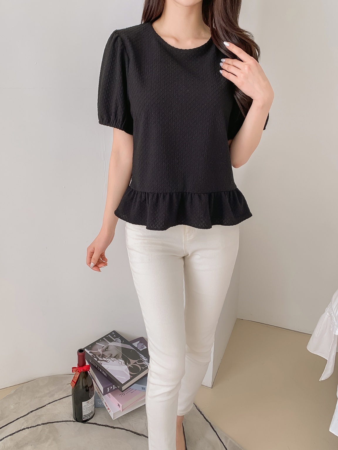 ワッフルパフ半袖ペプラムブラウス | 詳細画像14