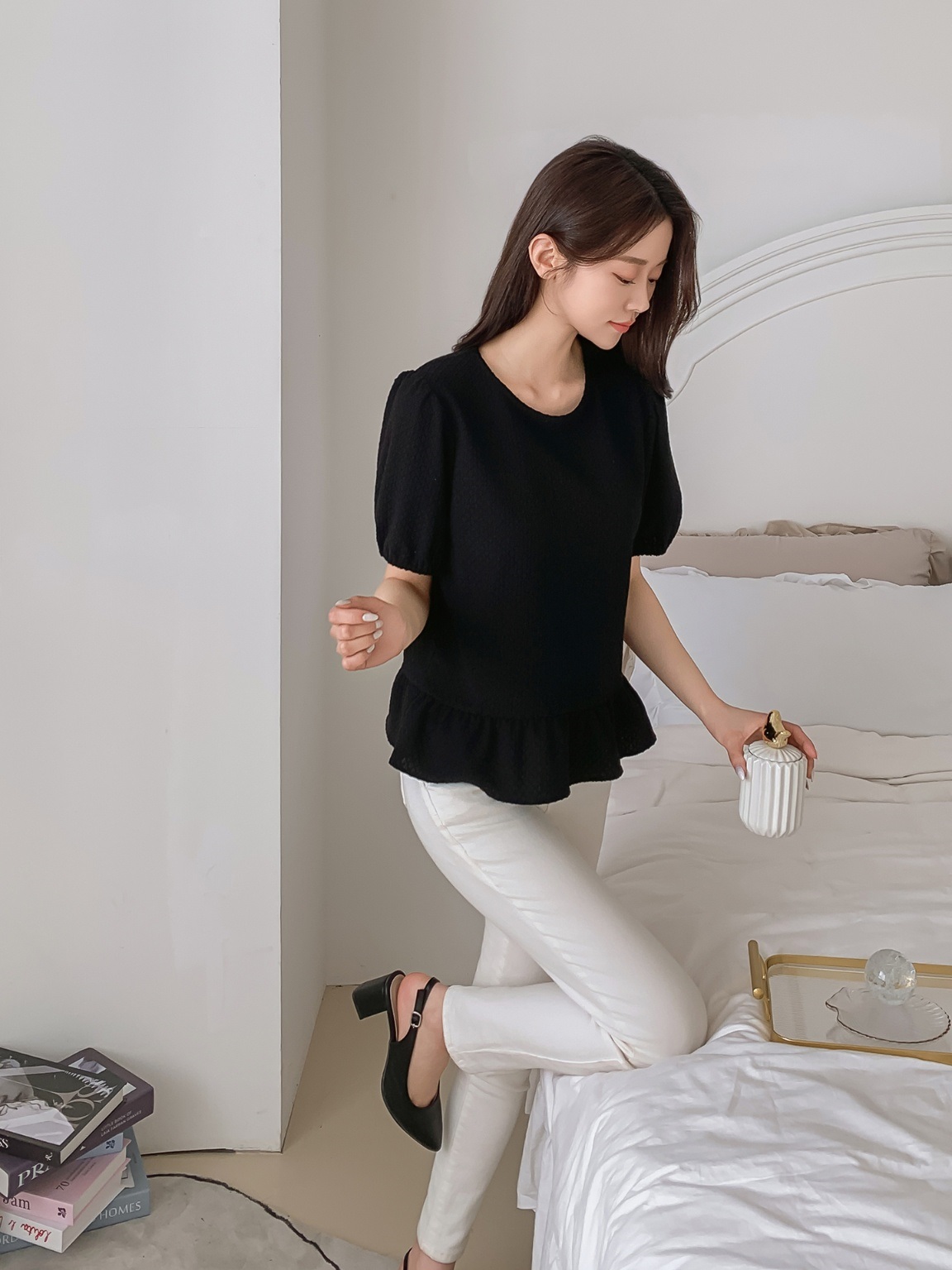 ワッフルパフ半袖ペプラムブラウス | 詳細画像16