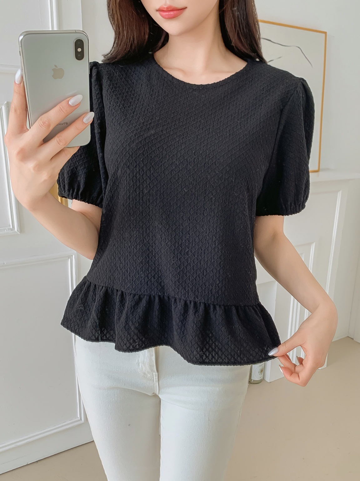 ワッフルパフ半袖ペプラムブラウス | 詳細画像17