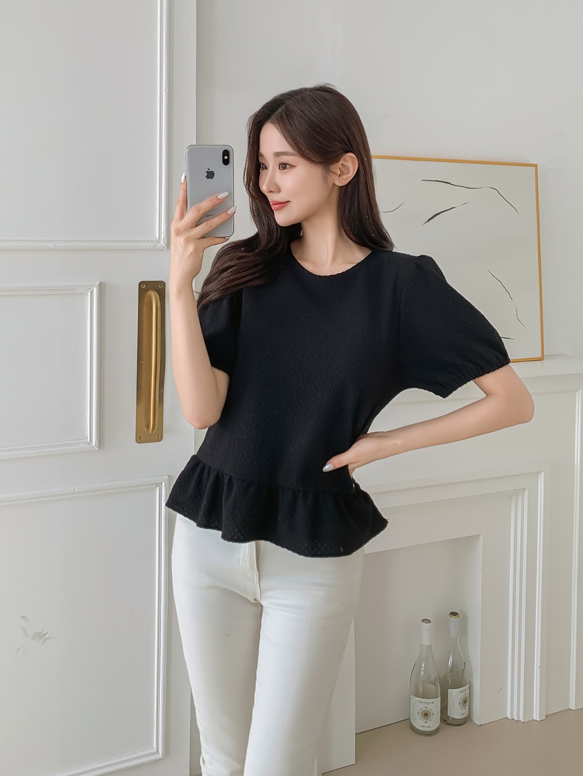 ワッフルパフ半袖ペプラムブラウス | 詳細画像18