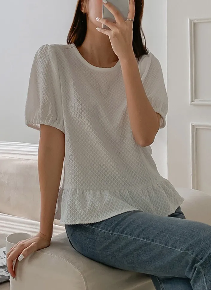 ワッフルパフ半袖ペプラムブラウス | 詳細画像1