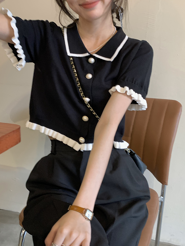 配色カラーフリル半袖クロップドカーディガン | 詳細画像7