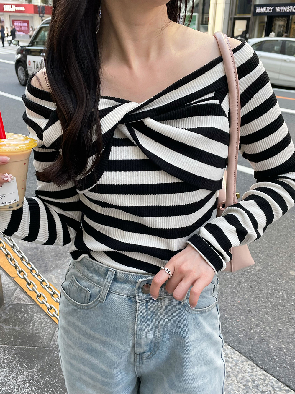 Solボーダーt AMBIDEX Store ボーダー配色バインダー 5分袖BIG Tシャツ(F アオ): PAR ICI