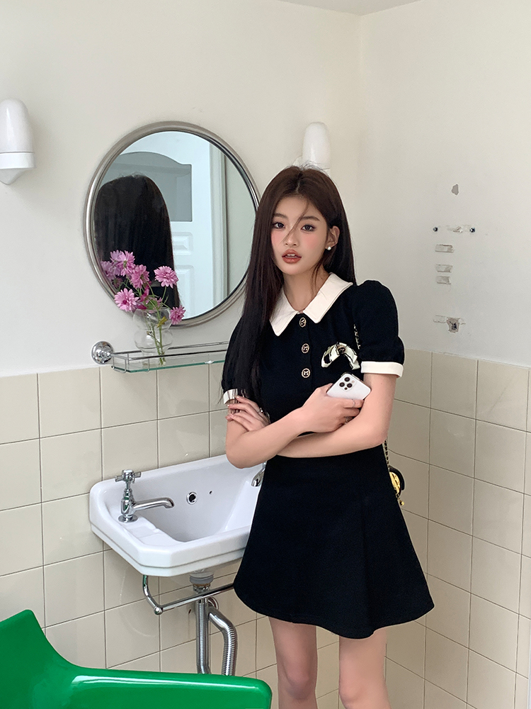 ブローチ付リボンボタン配色カラー半袖ワンピース | 詳細画像5