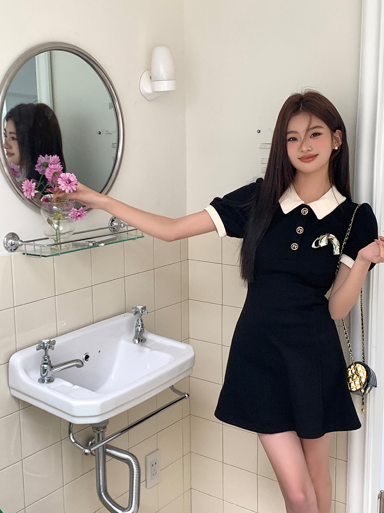 ブローチ付リボンボタン配色カラー半袖ワンピース | 詳細画像18