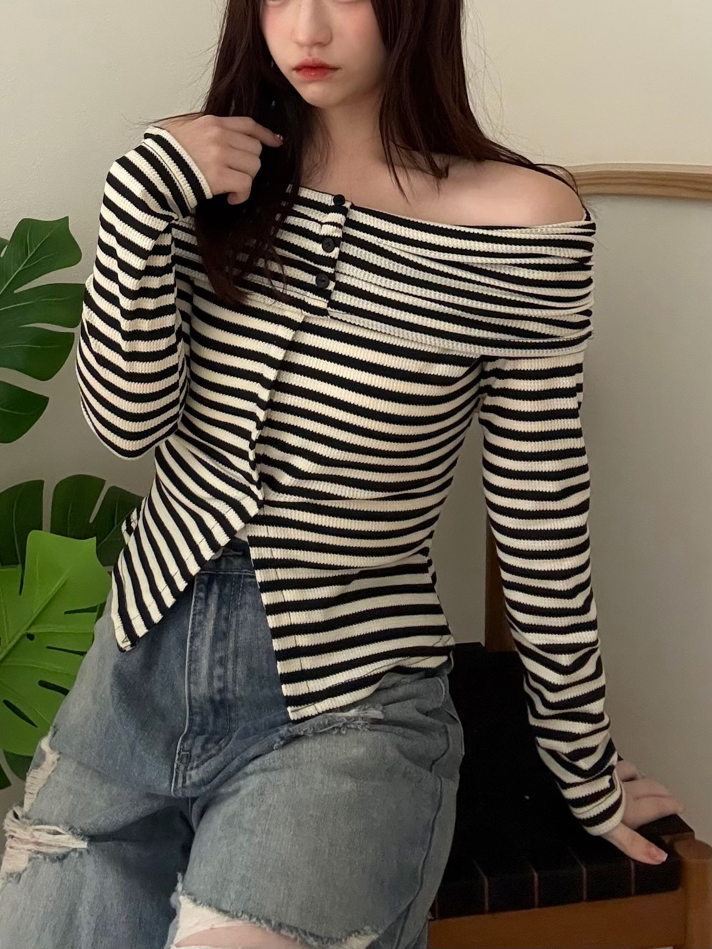 ボタンオフショルボーダーTシャツ | 詳細画像4