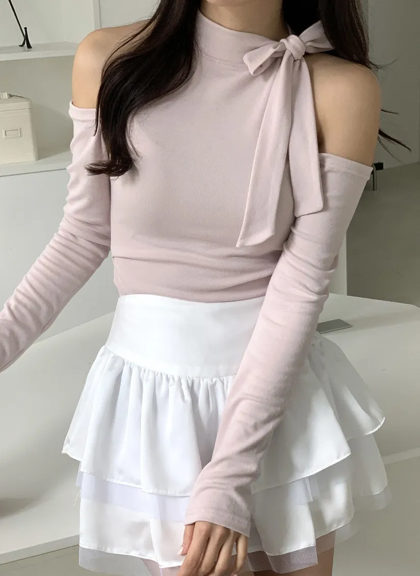 リボンハーフネックオープンショルダーTシャツ | 詳細画像1