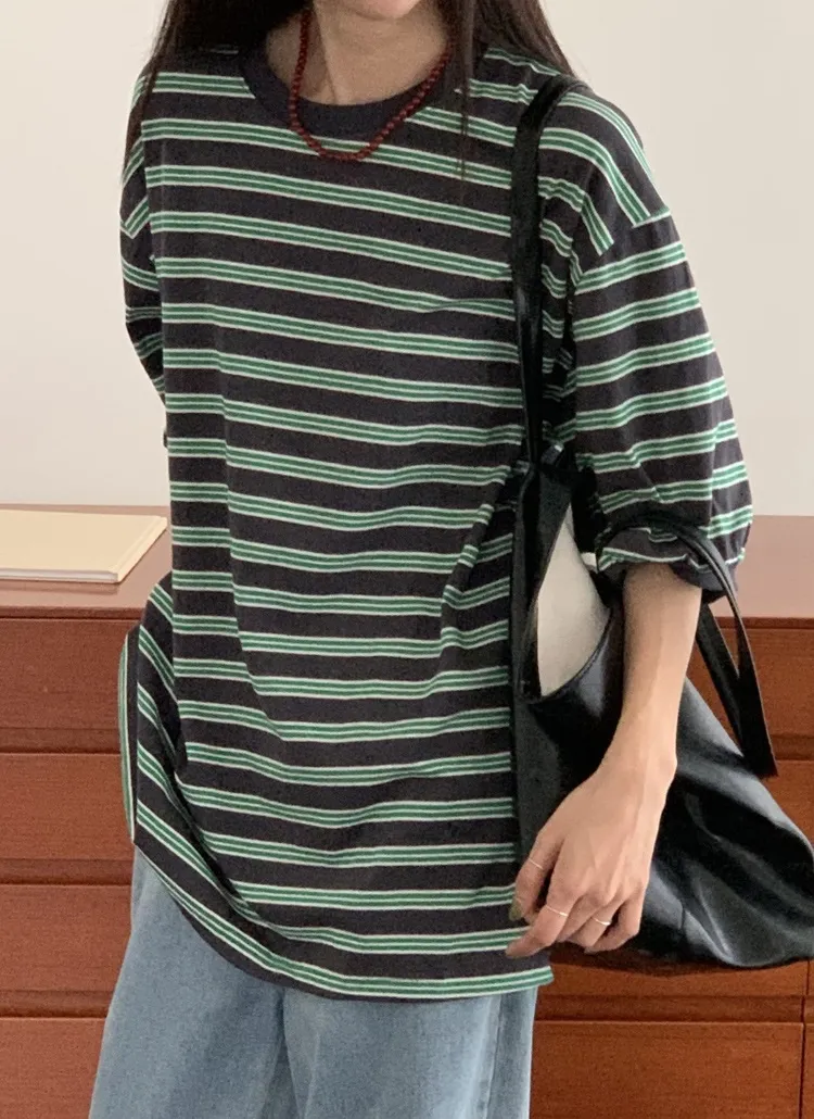 ツートーンボーダーボクシー6分袖Tシャツ | 詳細画像1