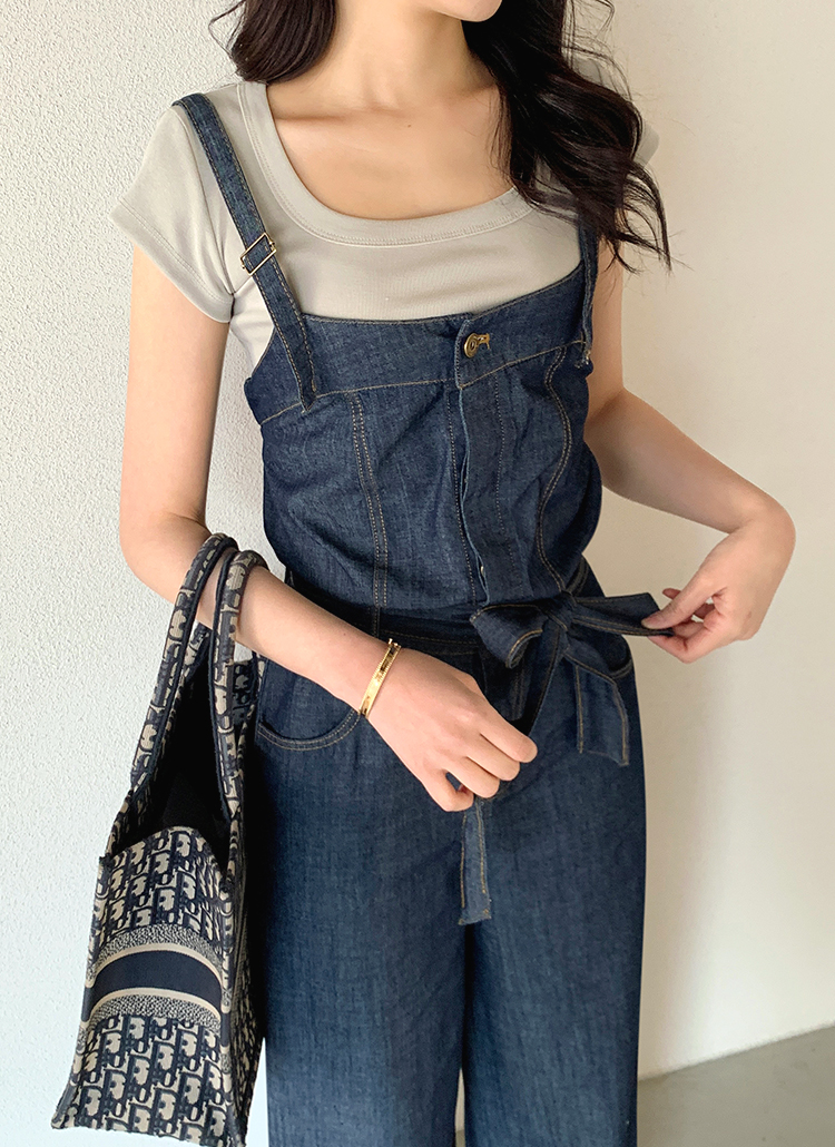 ストラップ付ストレートデニムサロペットパンツ | レディース