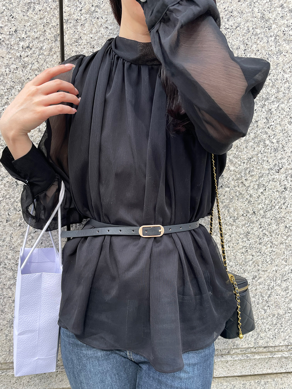 ベルト付スカーフネックシフォンブラウス | 詳細画像5